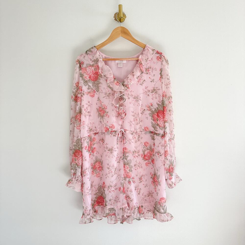 Rachel Parcell Sophia Floral Print Ruffle Long Sleeve Romper Pink M